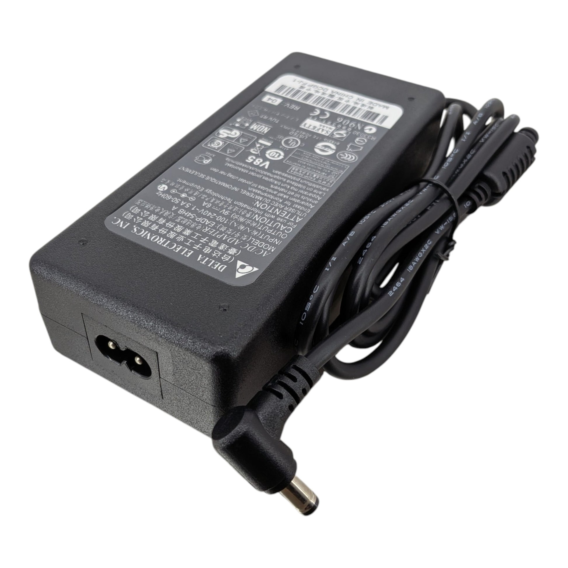 Rear profile of the Delta 9V 6A power brick showing the standard C8 Figure-8 AC power inlet.
