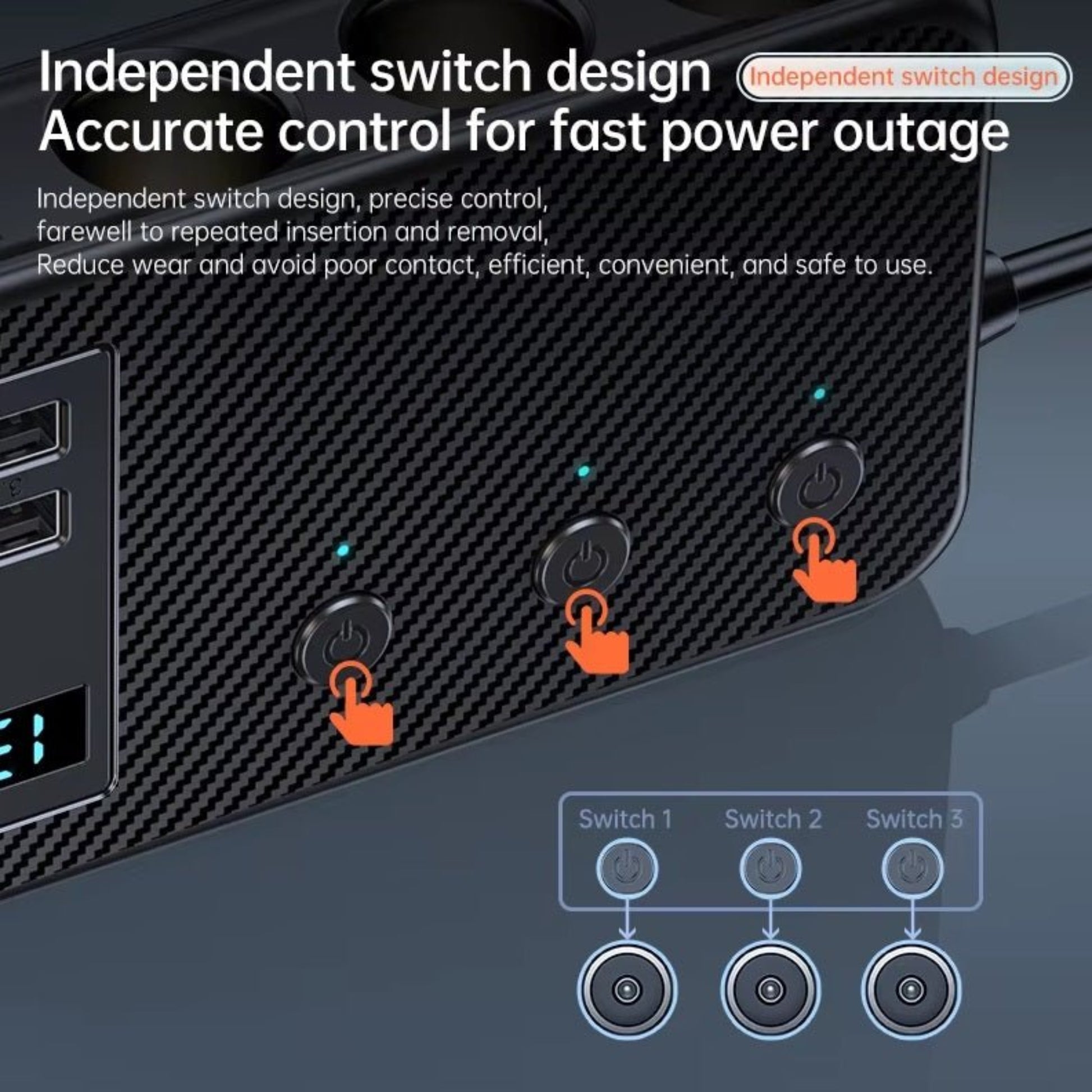 Close-up of 171W multi-port adapter showing independent switch design for precise power control.