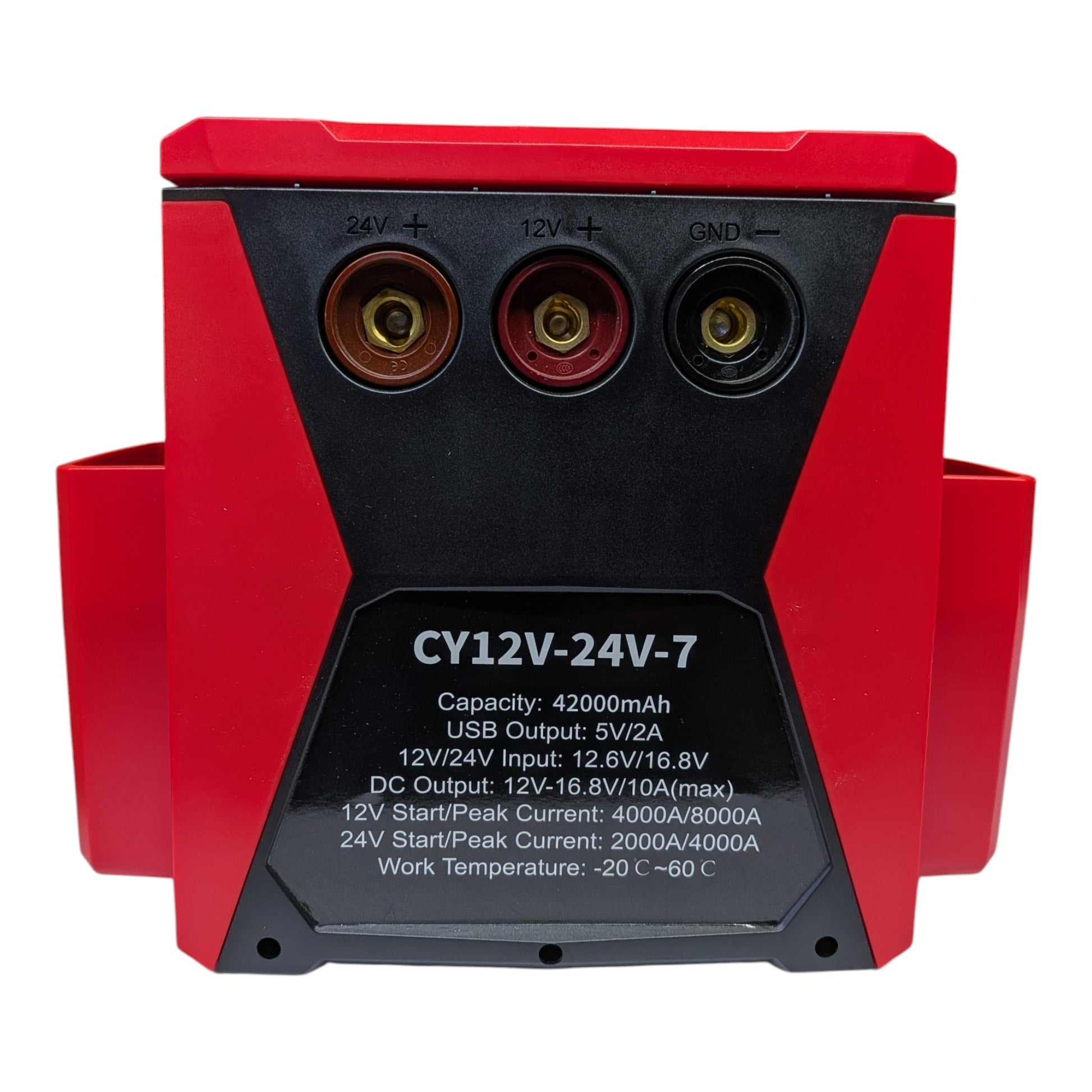 12V/24V 救車寶背面規格說明及純銅接線端子，支援最高 8000A 峰值電流輸出，為商用車提供穩定強大的啟動電力。