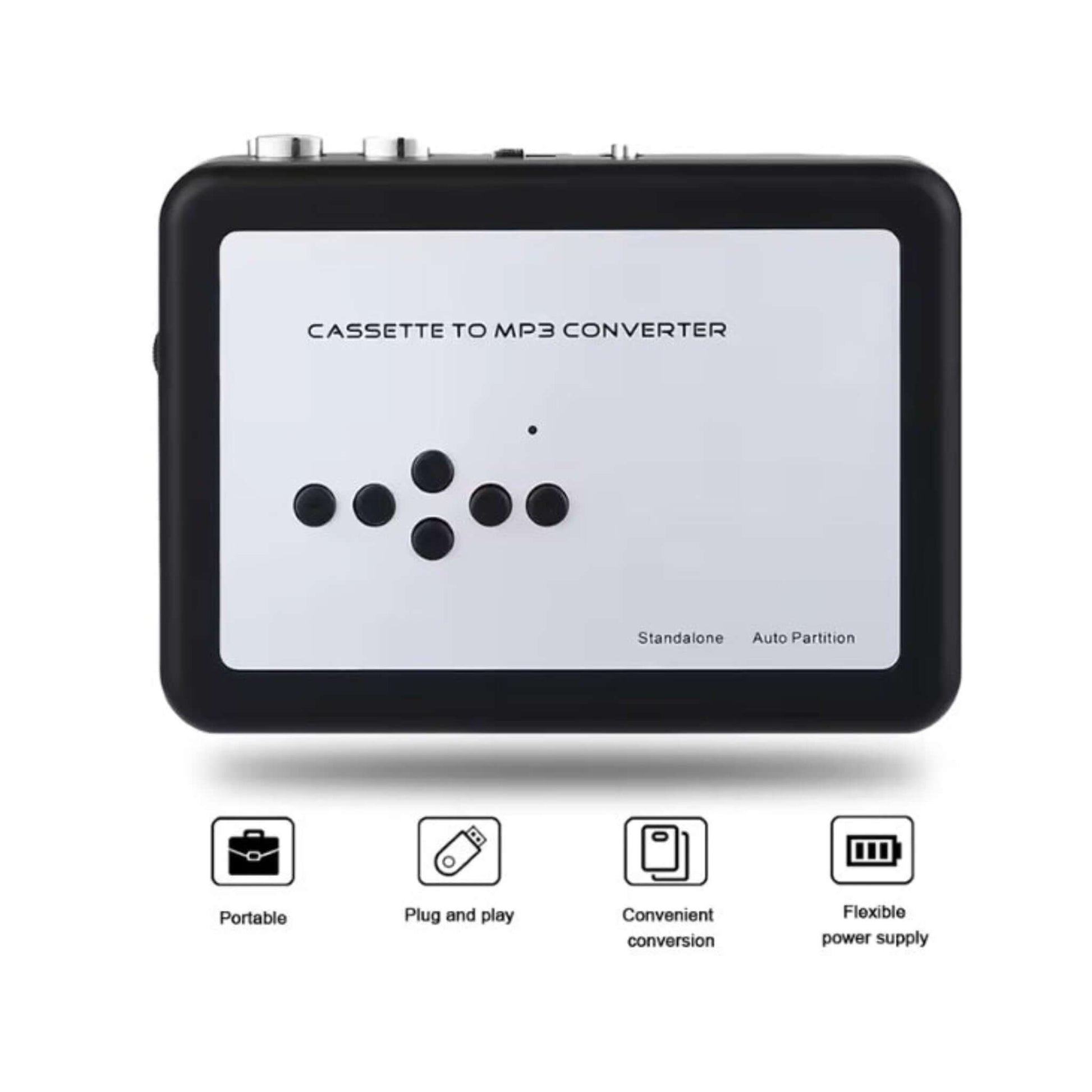 Portable cassette to MP3 converter, black and white design with control buttons for easy audio conversion.