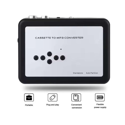 Portable cassette to MP3 converter, black and white design with control buttons for easy audio conversion.
