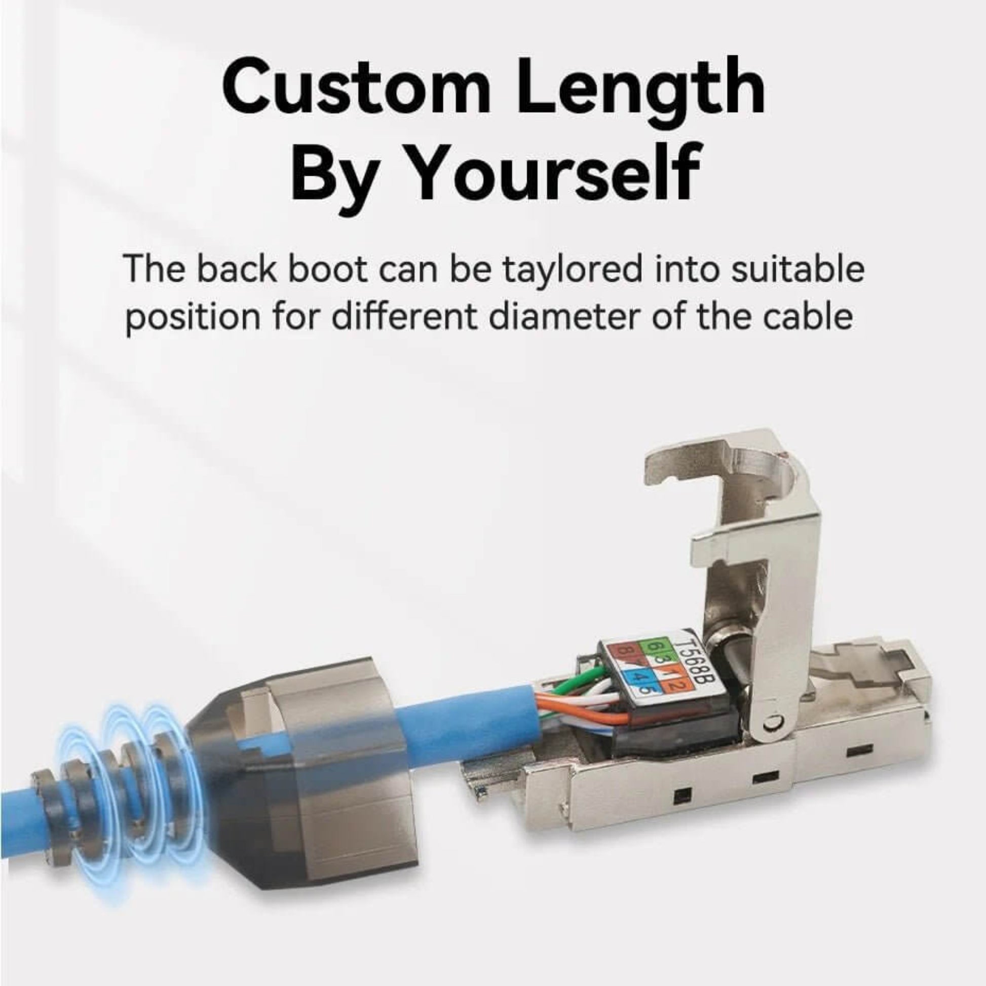 Customizable CAT6A RJ45 connector showing adjustable back boot for different cable diameters.