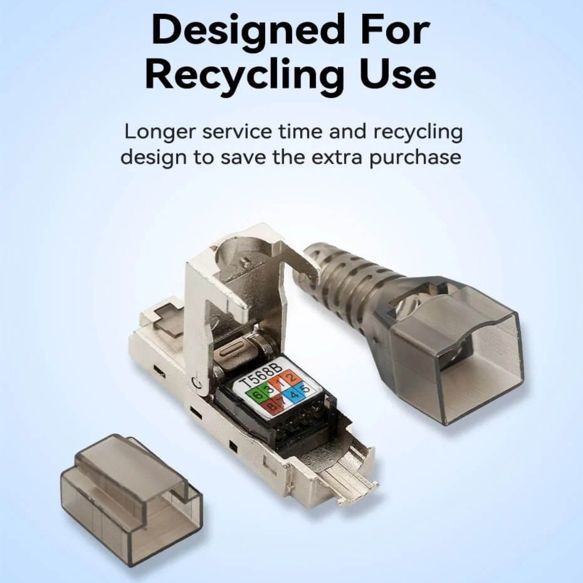 RJ45 connectors showcasing a recycling-friendly design for extended service life and cost savings.