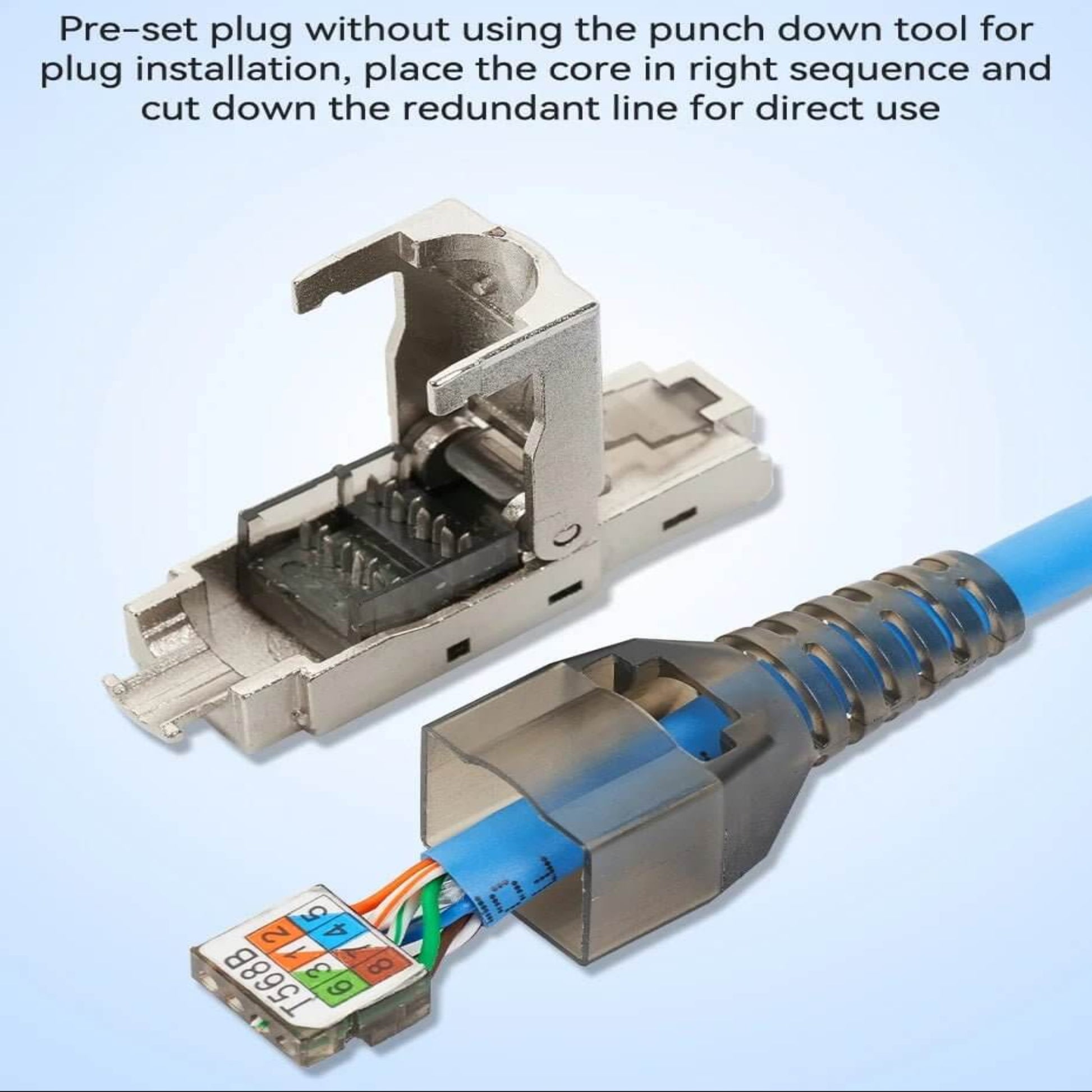 Toolless RJ45 plug for easy Ethernet cable installation, showcasing connector and wiring sequence.