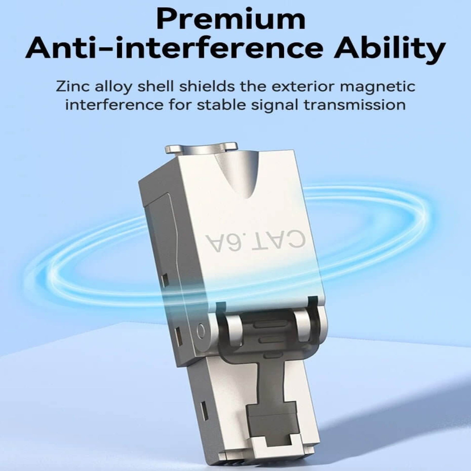CAT6A RJ45 connector showcasing zinc alloy shell for enhanced anti-interference and stable signal transmission.