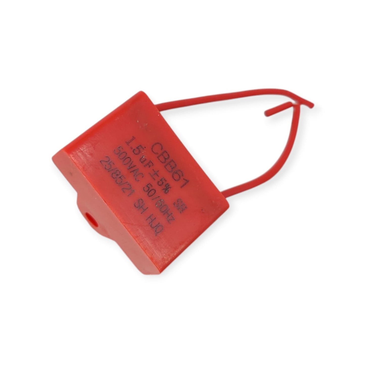 Close-up of CBB61 1.5uF 500VAC fan capacitor showing specifications.