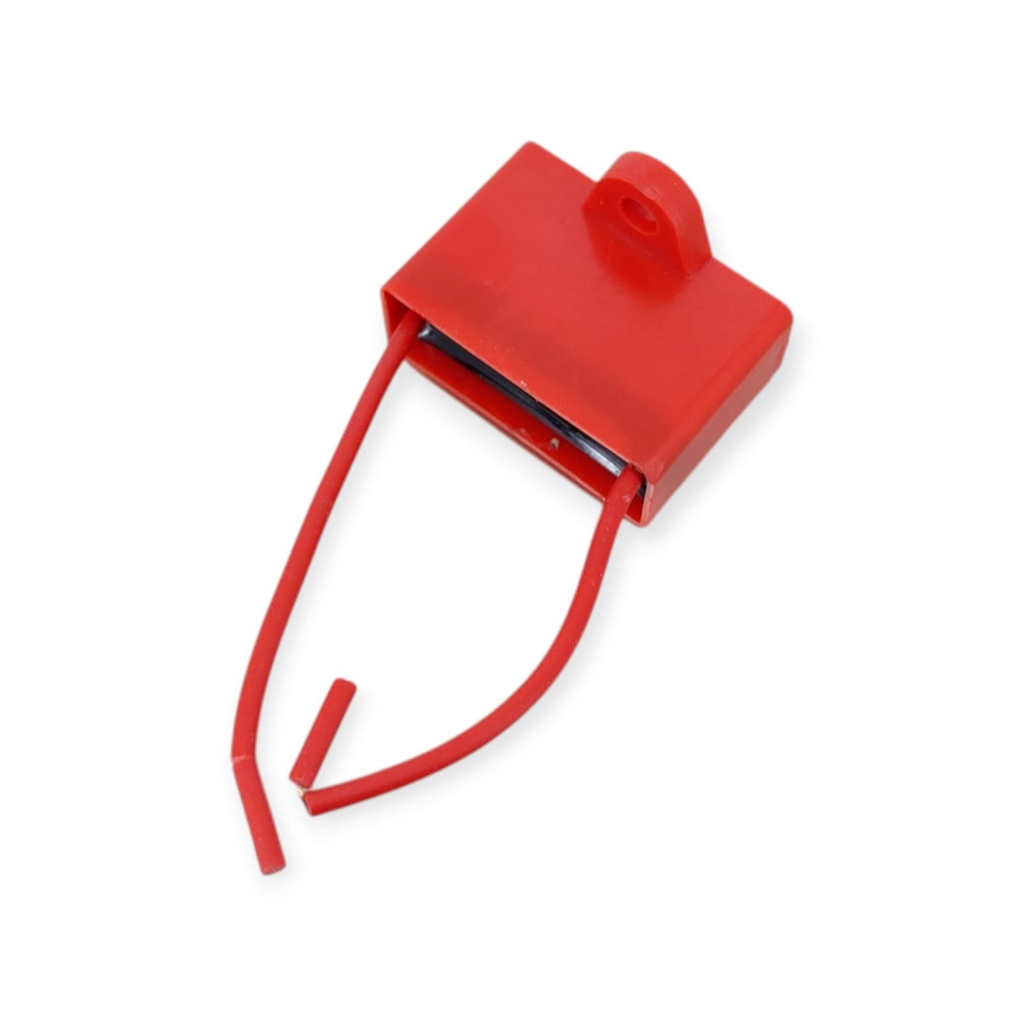 Red CBB61 1.5uF fan capacitor with two wire leads.