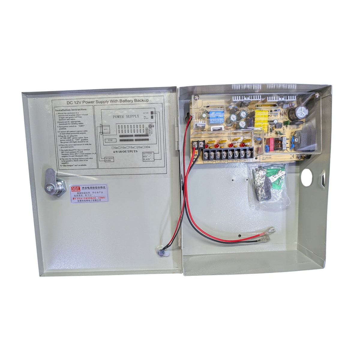 供電箱內部結構，展示 4 路接線端子、黃色的 PTC 自恢復保險絲及紅色的 LED 狀態指示燈。