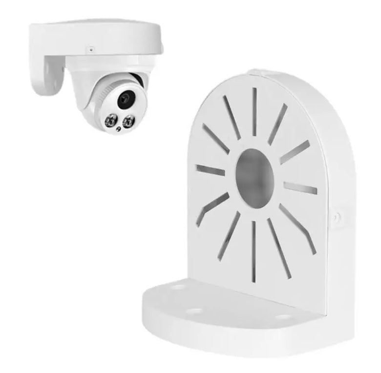 White universal CCTV dome camera ceiling mount bracket shown next to a white dome security camera, illustrating how they fit together.