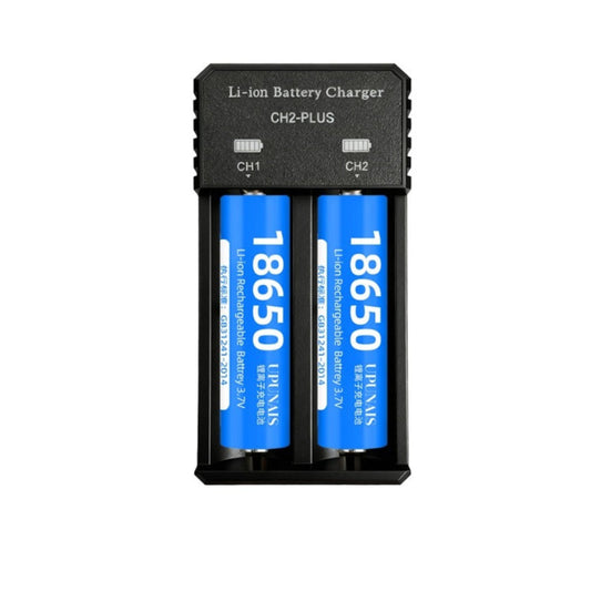 A black CH2-PLUS Li-ion battery charger with two slots, shown charging two blue 18650 rechargeable batteries against a plain white background.