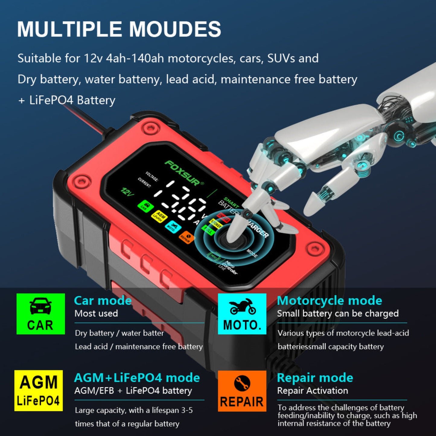 Multiple charging modes for Car, Motorcycle, AGM, and LiFePO4 batteries