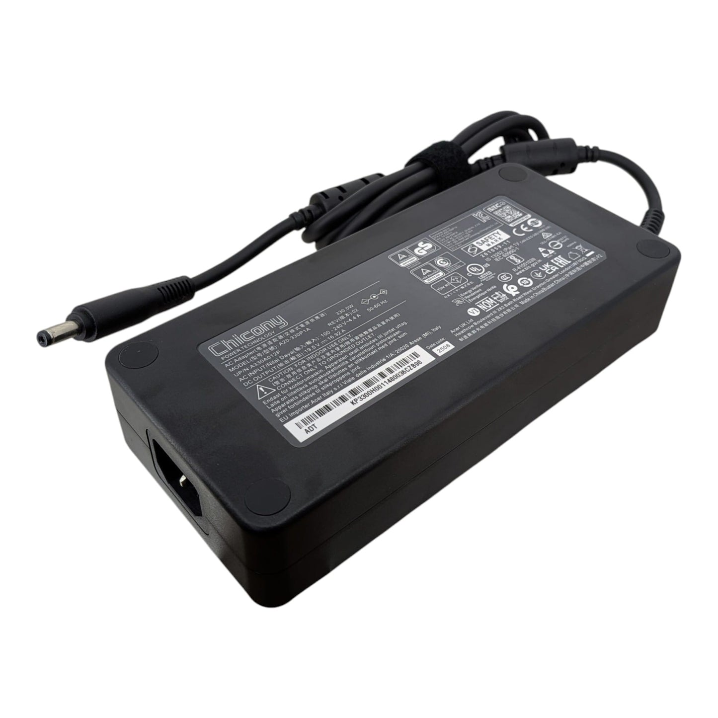 Chicony 330W 筆電火牛側面及規格標籤特寫，提供穩定高功率輸出，適合電競及高階手提電腦使用。