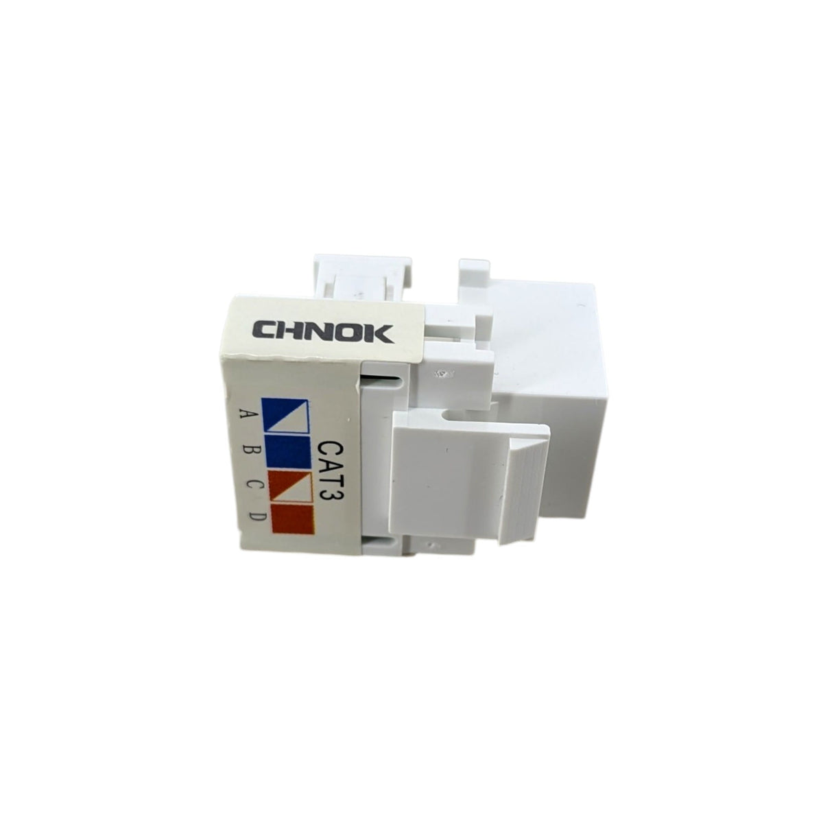 Cat3 電話模塊背面特寫，清晰顯示 IDC 打線端子及 A/B/C/D 顏色接線指引。