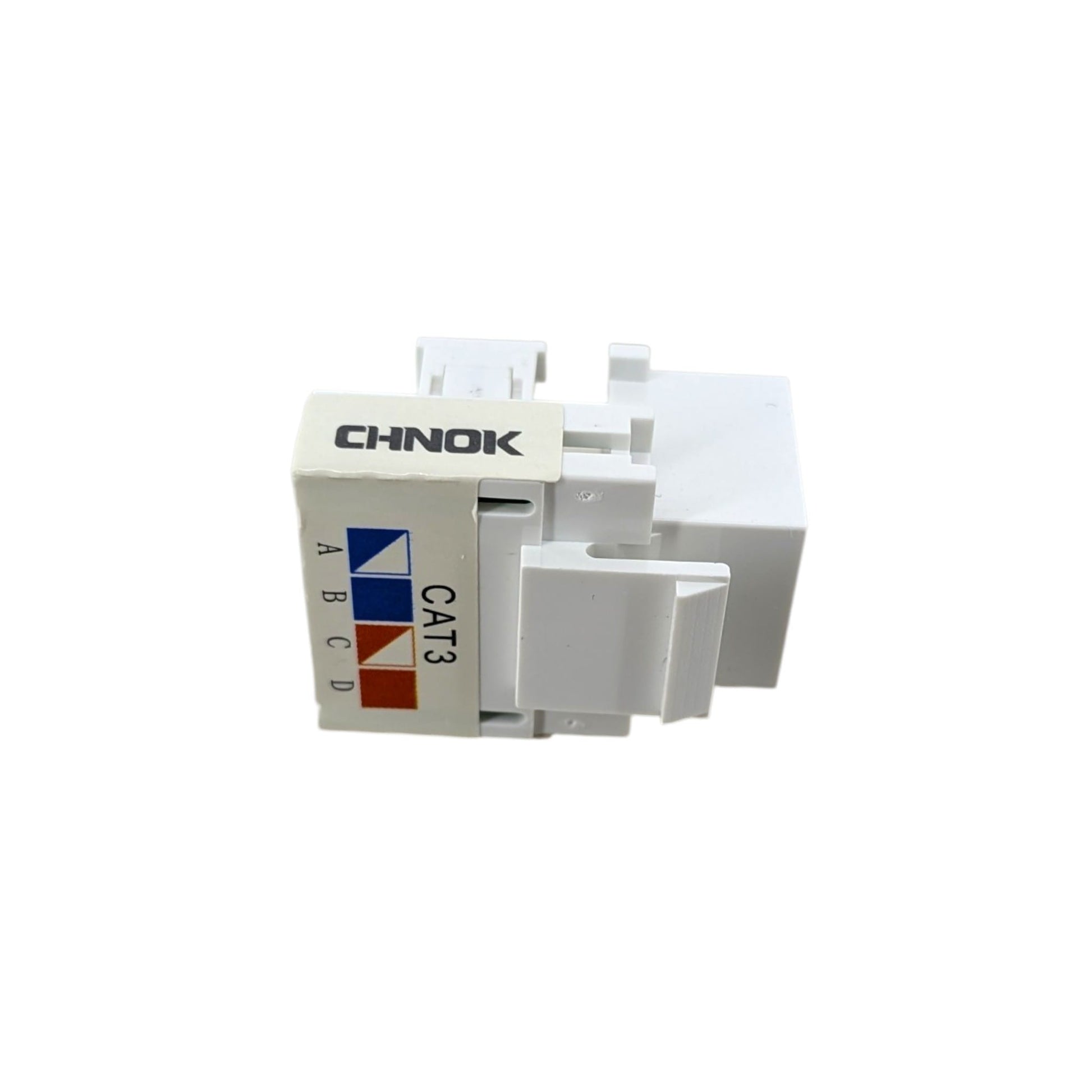 Cat3 電話模塊背面特寫，清晰顯示 IDC 打線端子及 A/B/C/D 顏色接線指引。
