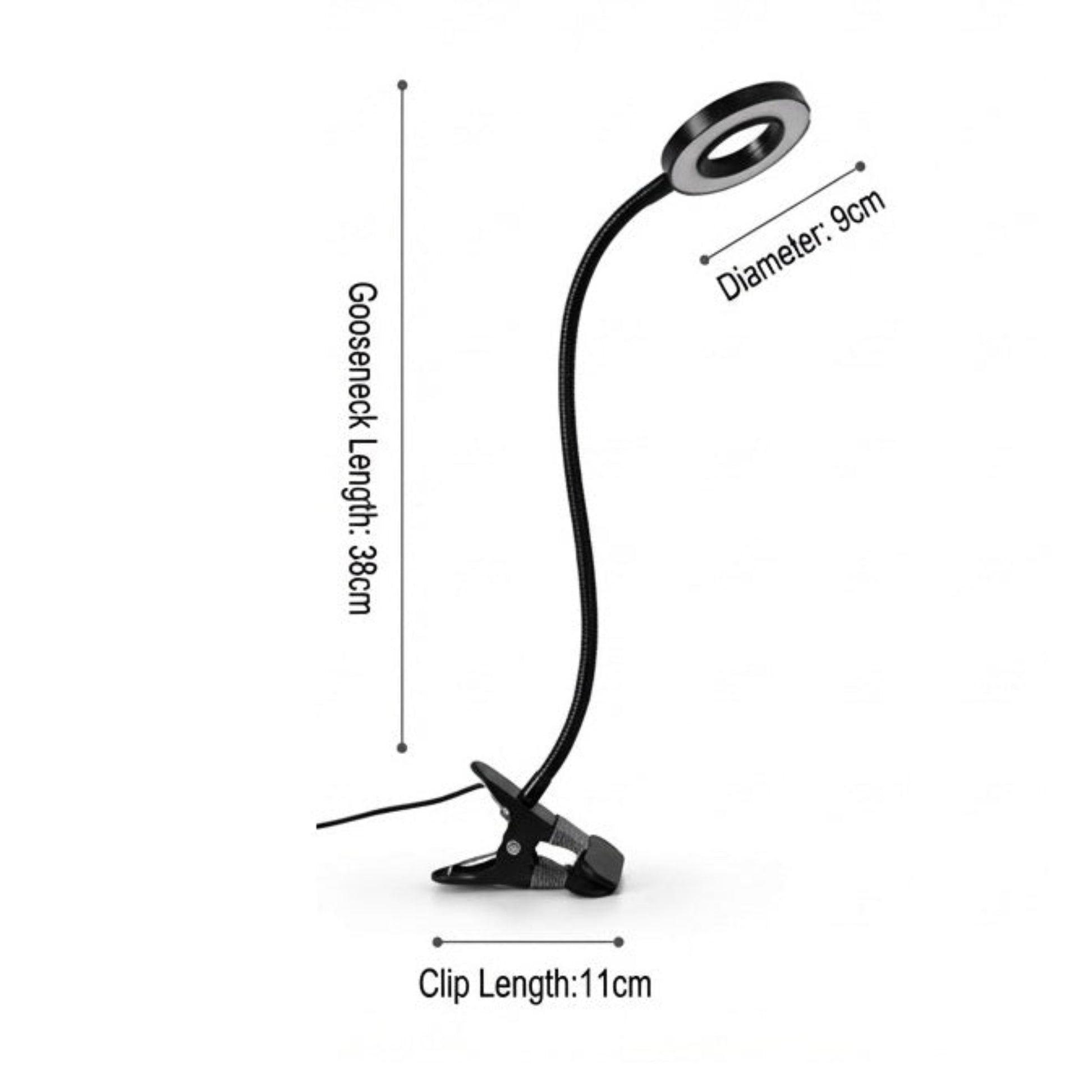 USB LED Clamp Desk Lamp | 3 Color Modes & 10 Brightness Levels dimensions with gooseneck length and clip length shown