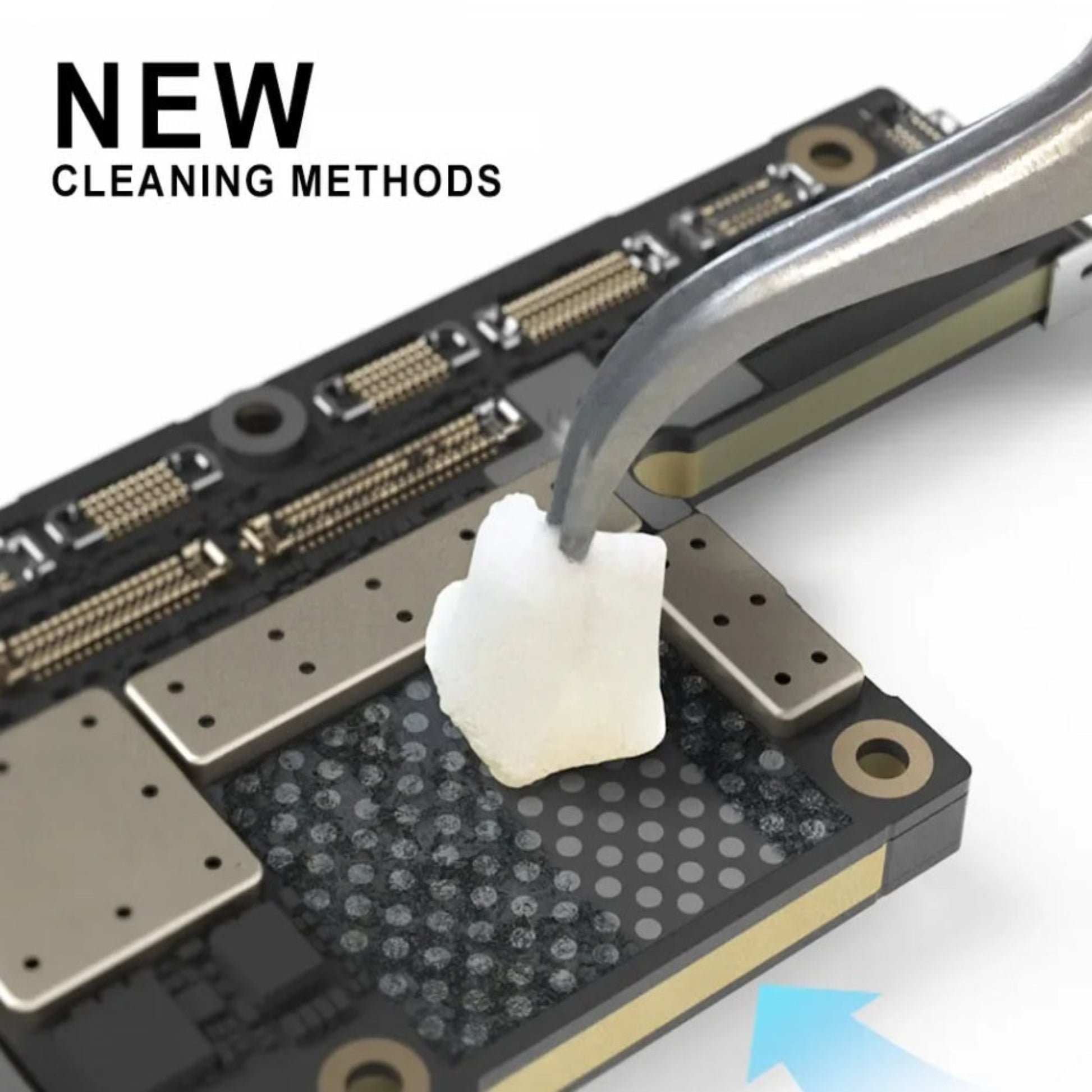 Technician using nano sponge cube with tweezers to clean mobile phone logic board.