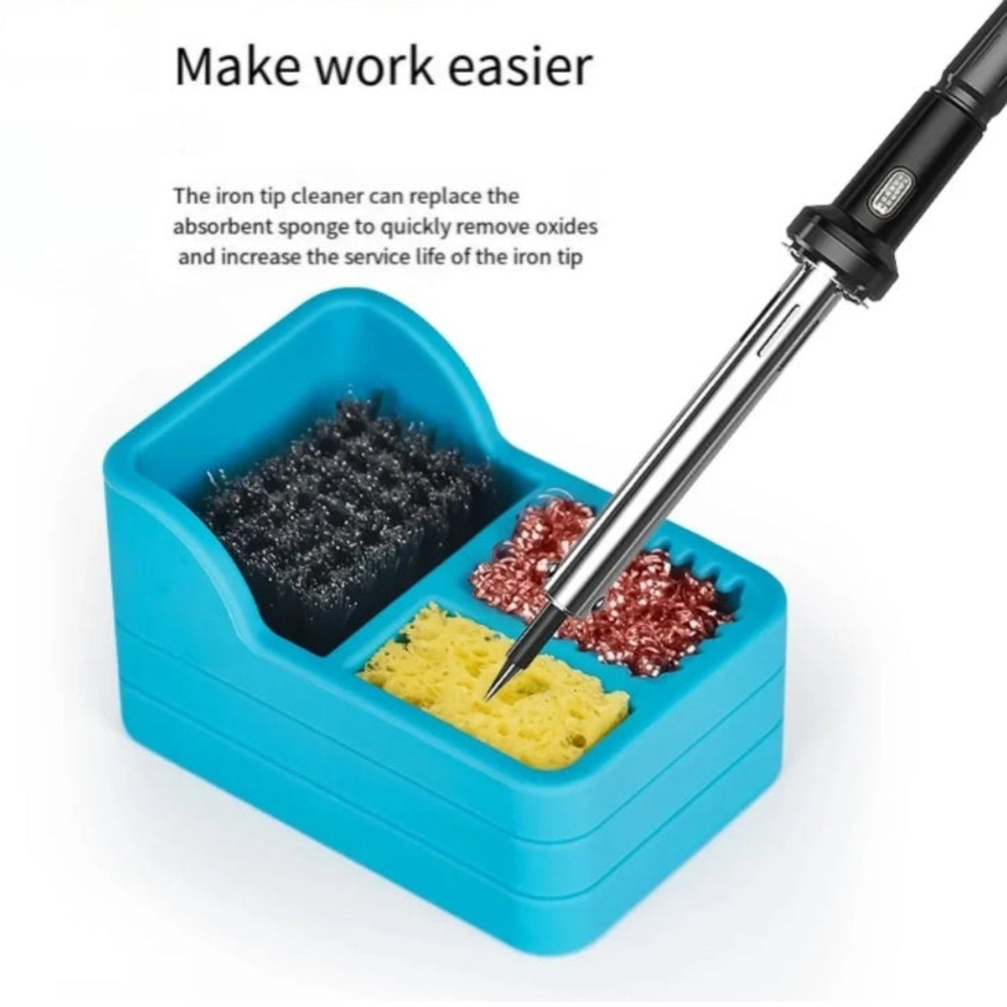 Soldering iron tip being cleaned on the high-density absorbent sponge to quickly remove oxides.