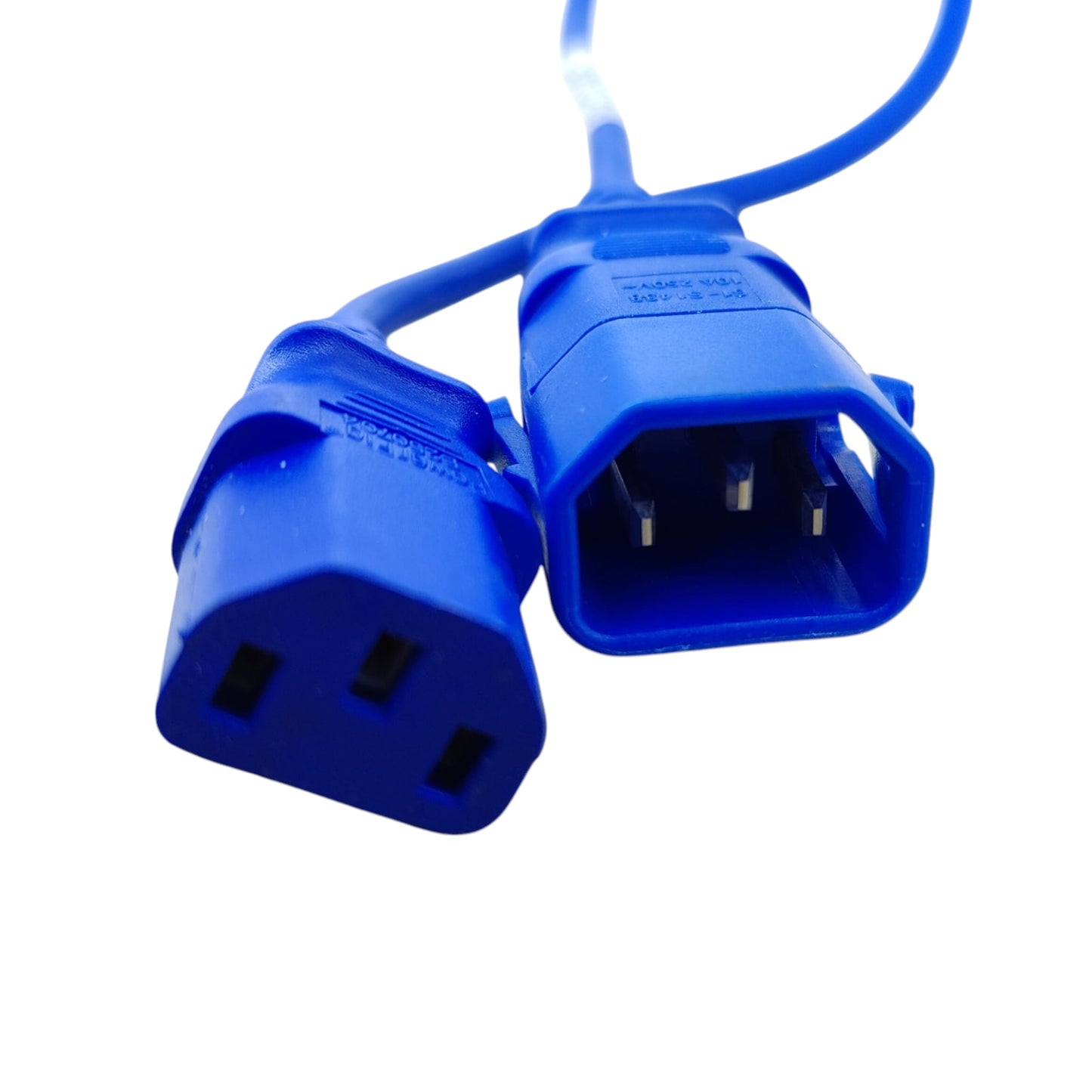 Close-up of the blue locking IEC C13 female plug showing the release mechanism.