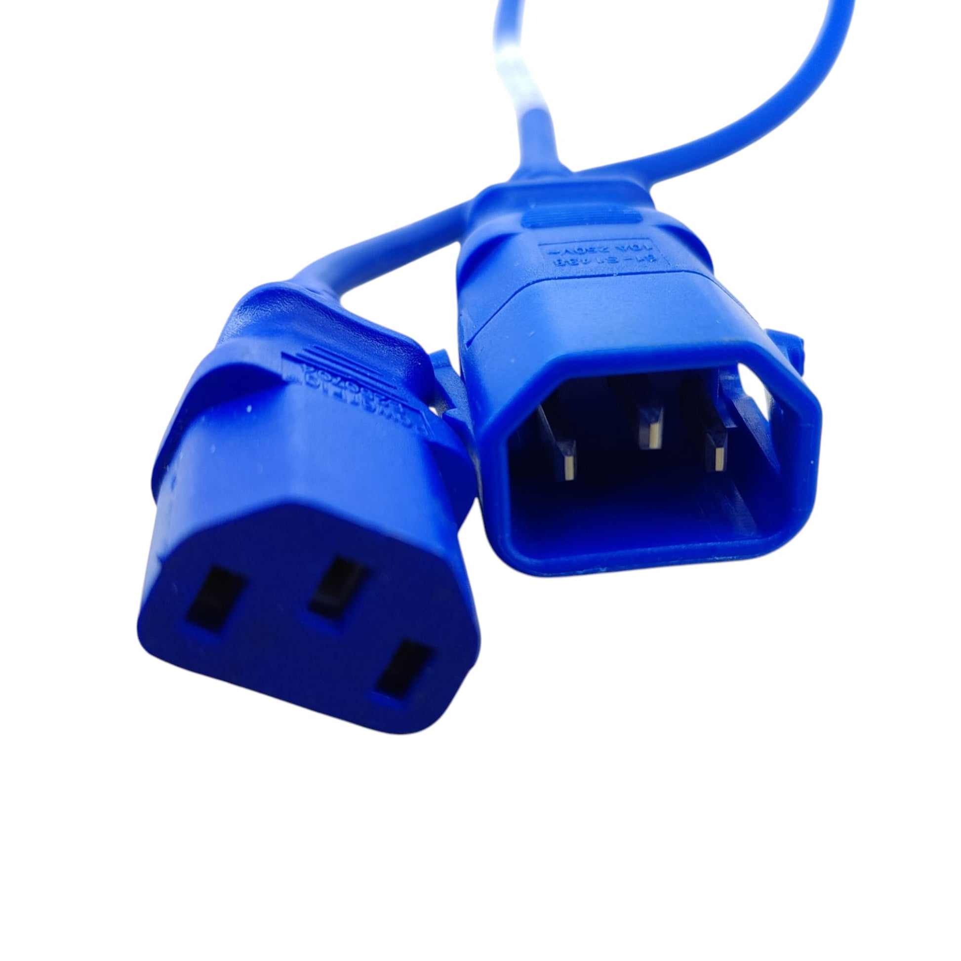 Close-up of the blue locking IEC C13 female plug showing the release mechanism.