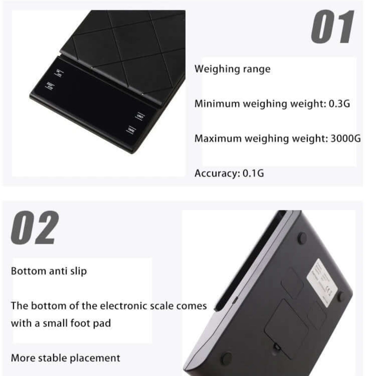 Electronic coffee scale product details: 3000g max weight, 0.1g accuracy, anti-slip bottom.