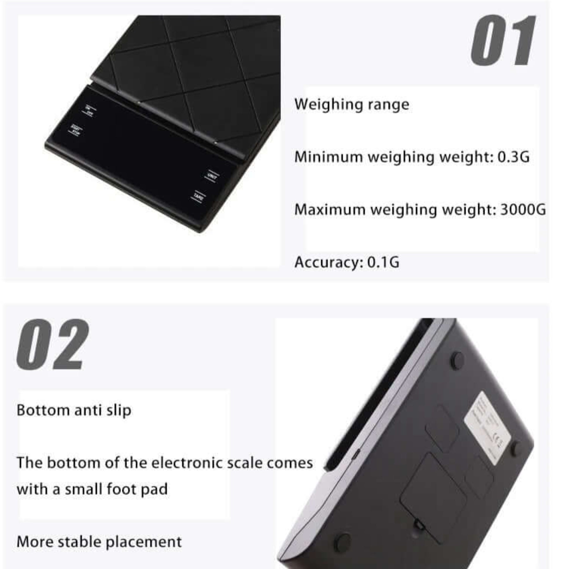 Electronic coffee scale product details: 3000g max weight, 0.1g accuracy, anti-slip bottom.