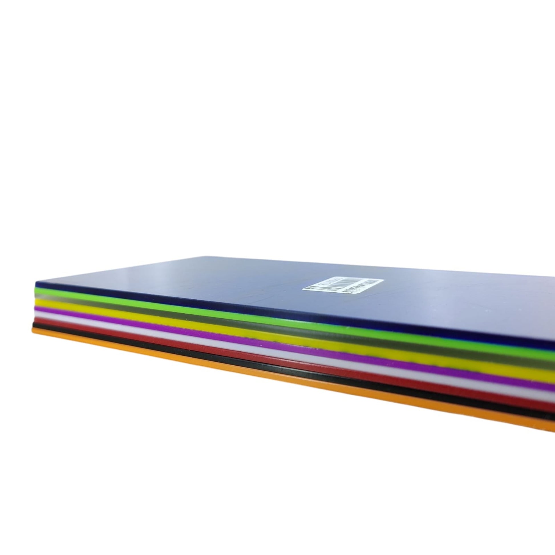 Stack of 100x200x2.3mm acrylic sheets in various vibrant colors, showcasing the material's thickness and range.