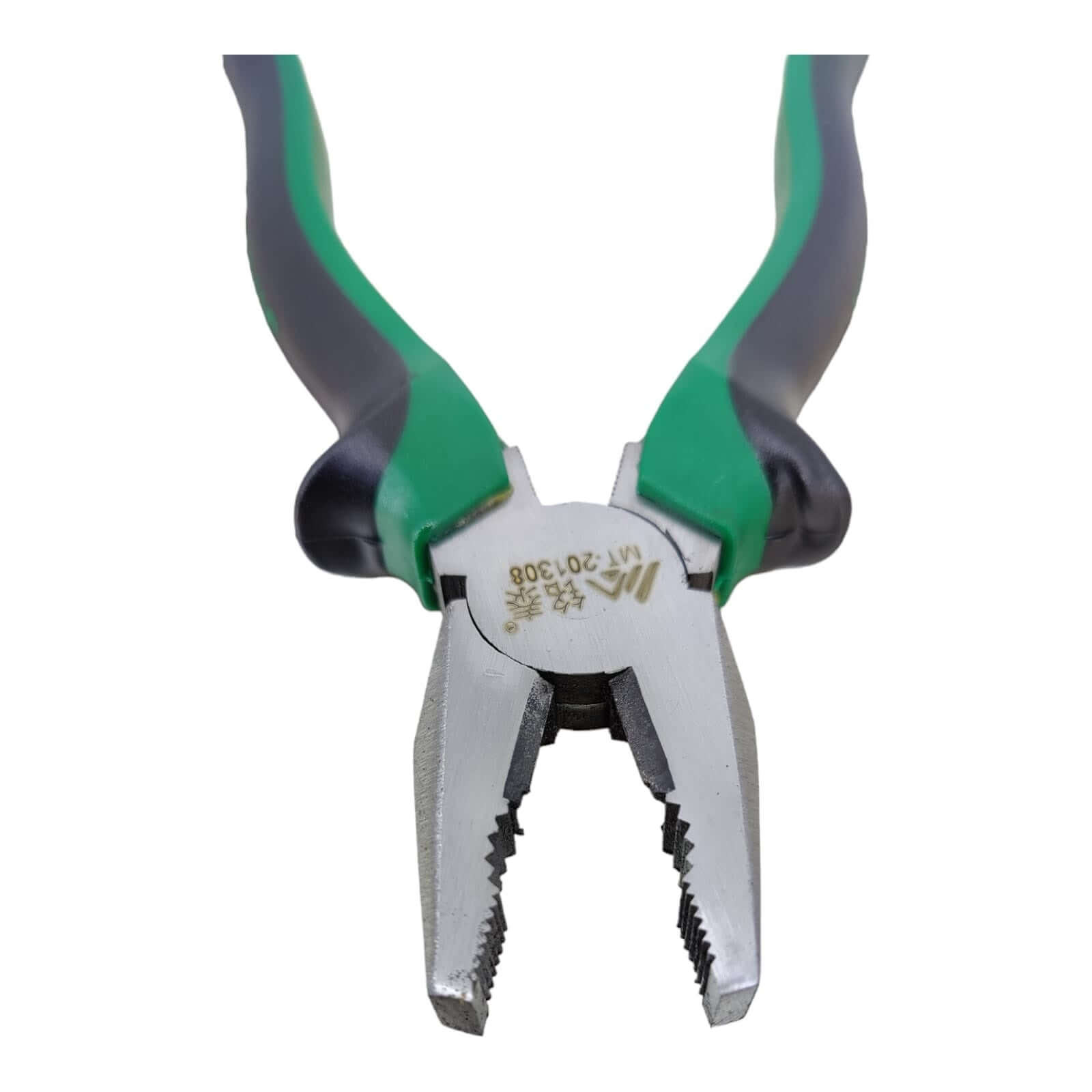 Close up of serrated jaws and cutting edge of 8 inch lineman pliers