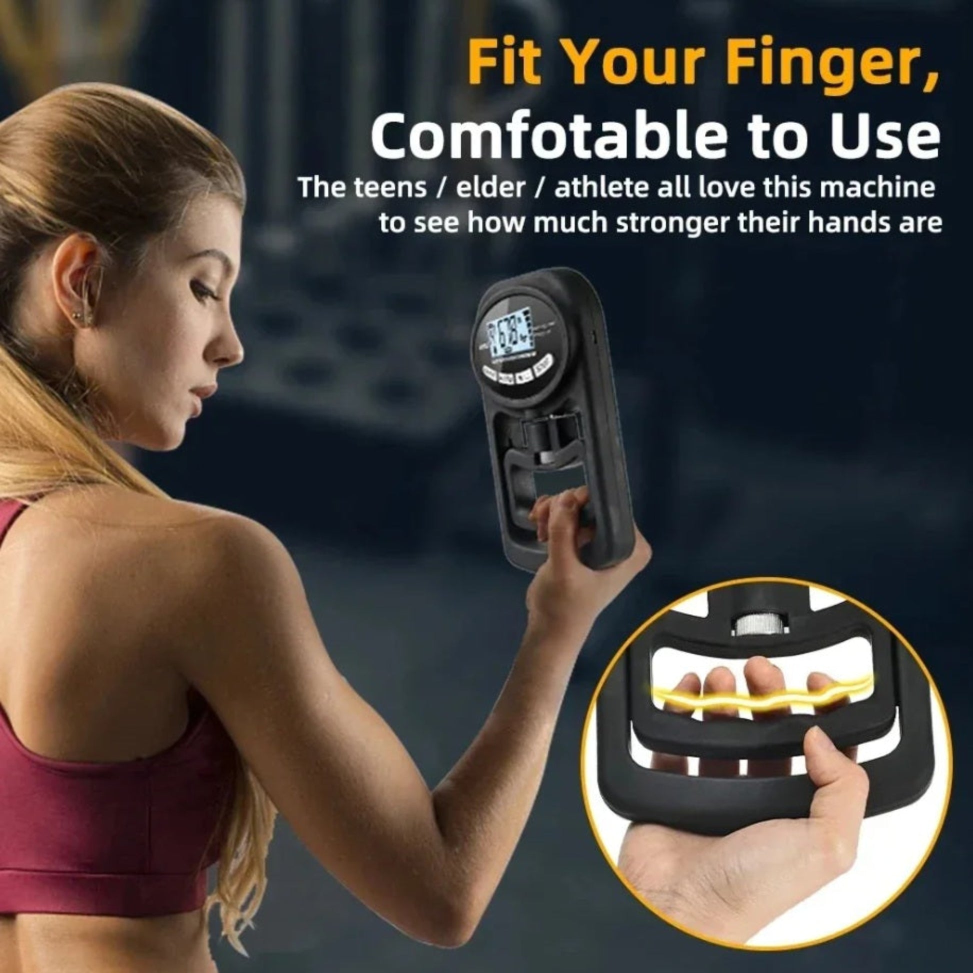 Woman holding the digital hand dynamometer, demonstrating comfortable use for teens, elders, and athletes measuring grip.