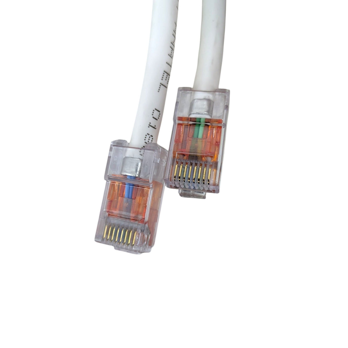 CommScope 網線的無護套 (Bootless) RJ45 接頭特寫，展示高質素鍍金觸點及 T568B 接線標準。