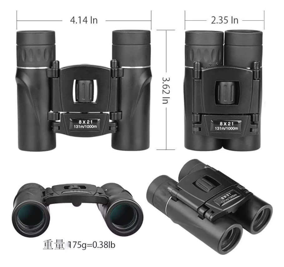 Compact 8x21 mini binoculars dimensions and features for bird watching and sports, lightweight design.