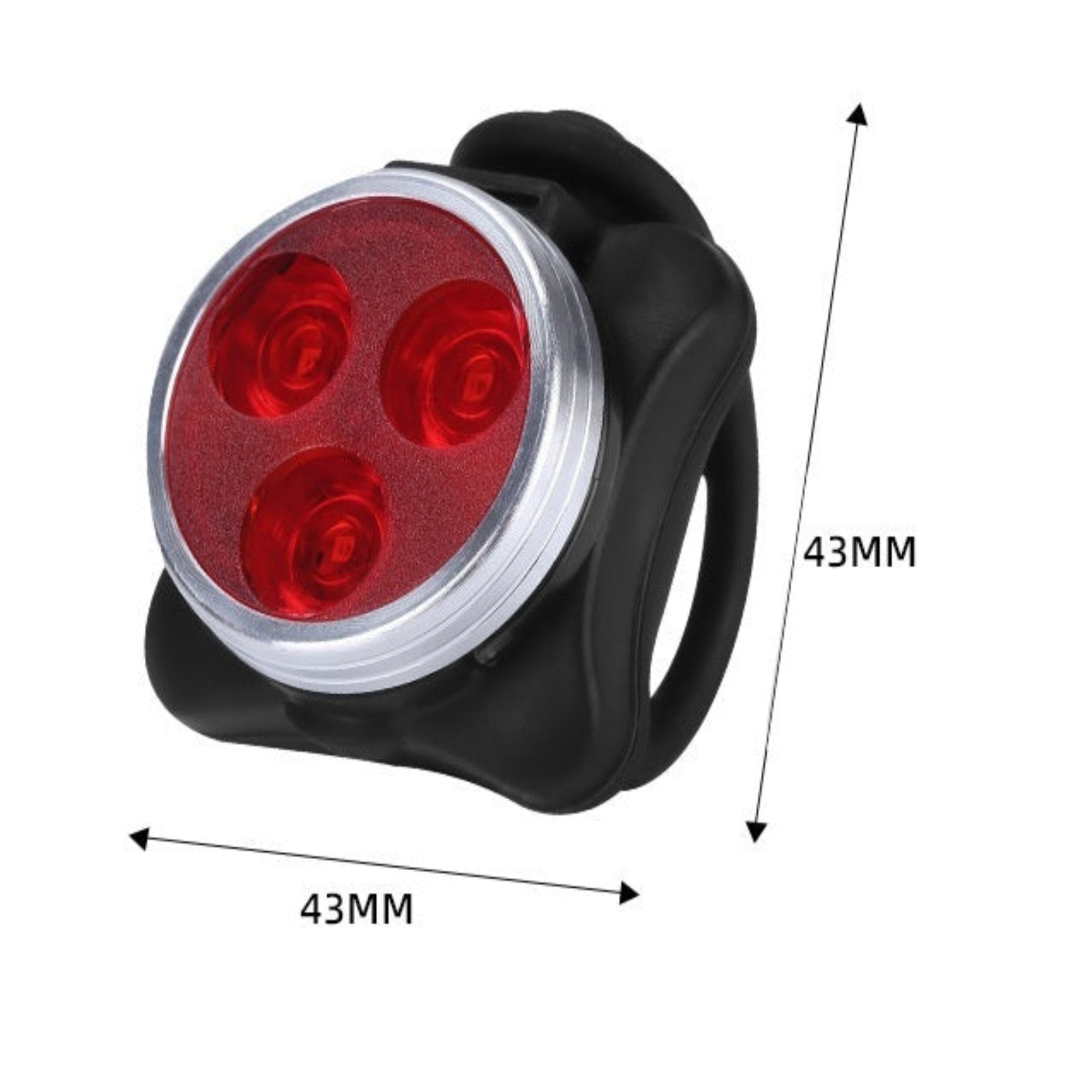 Product size guide showing the compact 43mm x 43mm dimensions of the LED bike light.