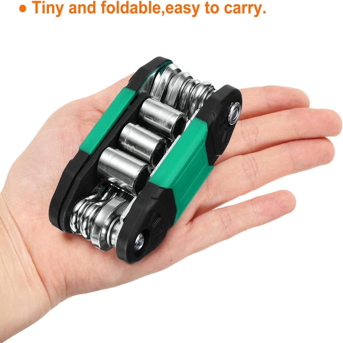 Portable multi-function repair tool wrench in hand, compact and foldable design for easy carry during cycling.