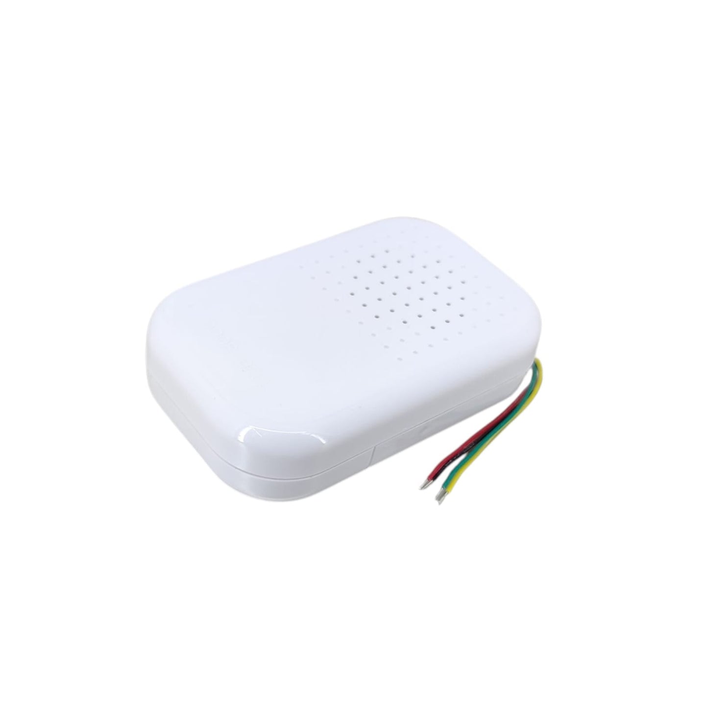 Side angle of compact wired door chime showing speaker holes and wire leads.