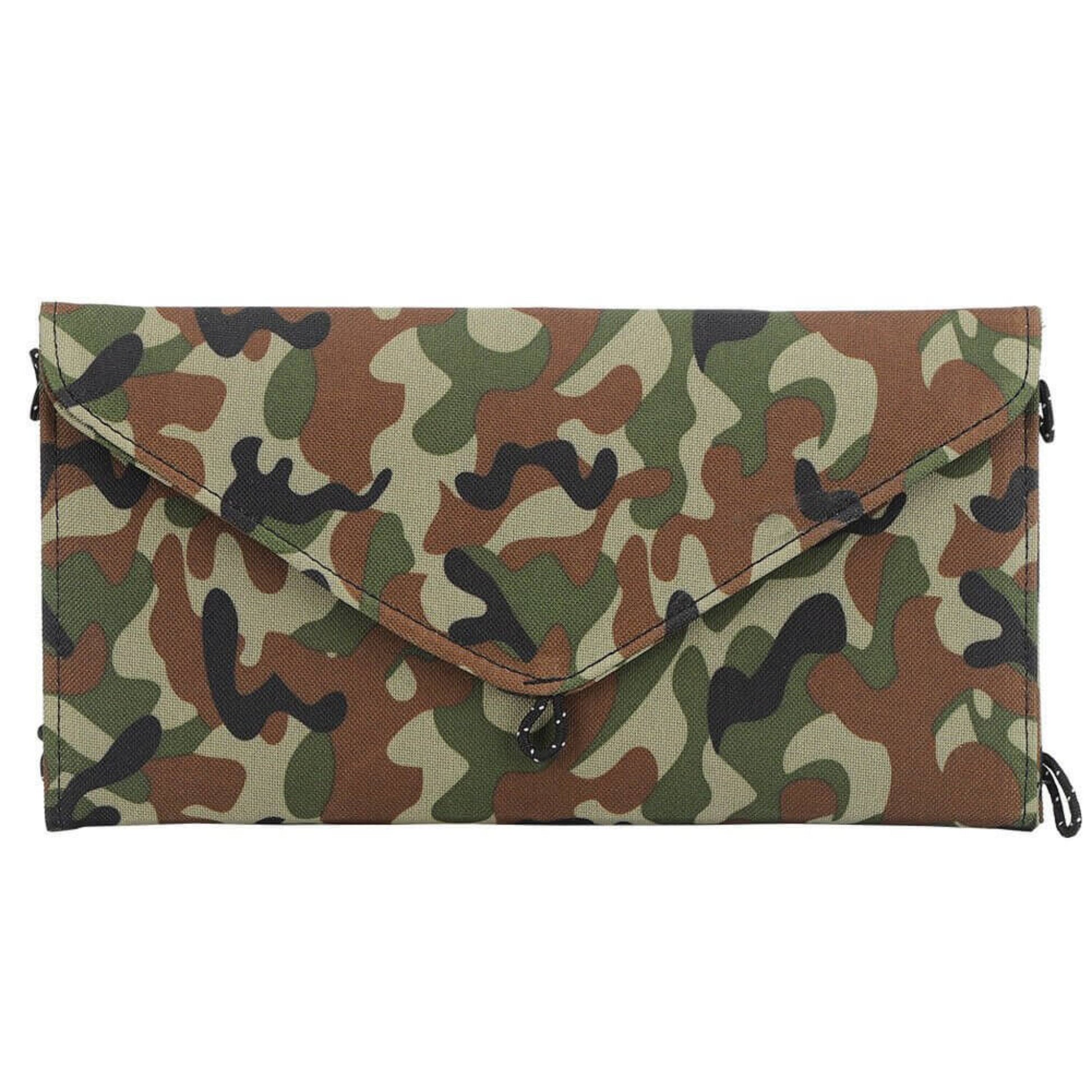 Folded, compact portable solar charger with a camouflage pattern.