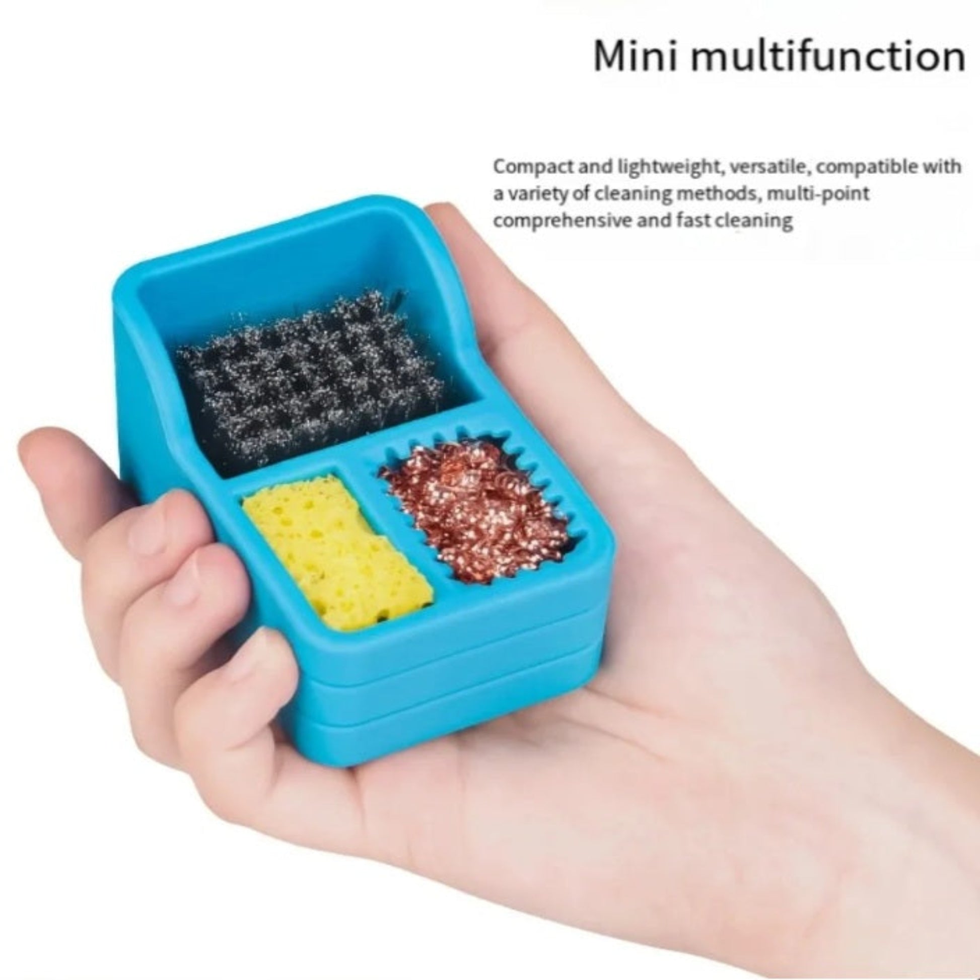 Handheld view of the compact and lightweight blue silicone multifunctional soldering tip cleaner.