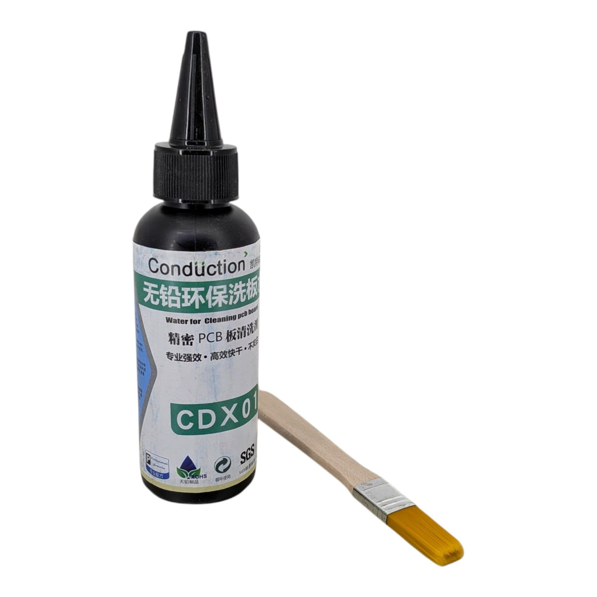 Conduction CDX01 100ml 無鉛環保洗板水，配備精準的針孔滴嘴，旁邊放有隨機附送的木柄清潔毛刷。