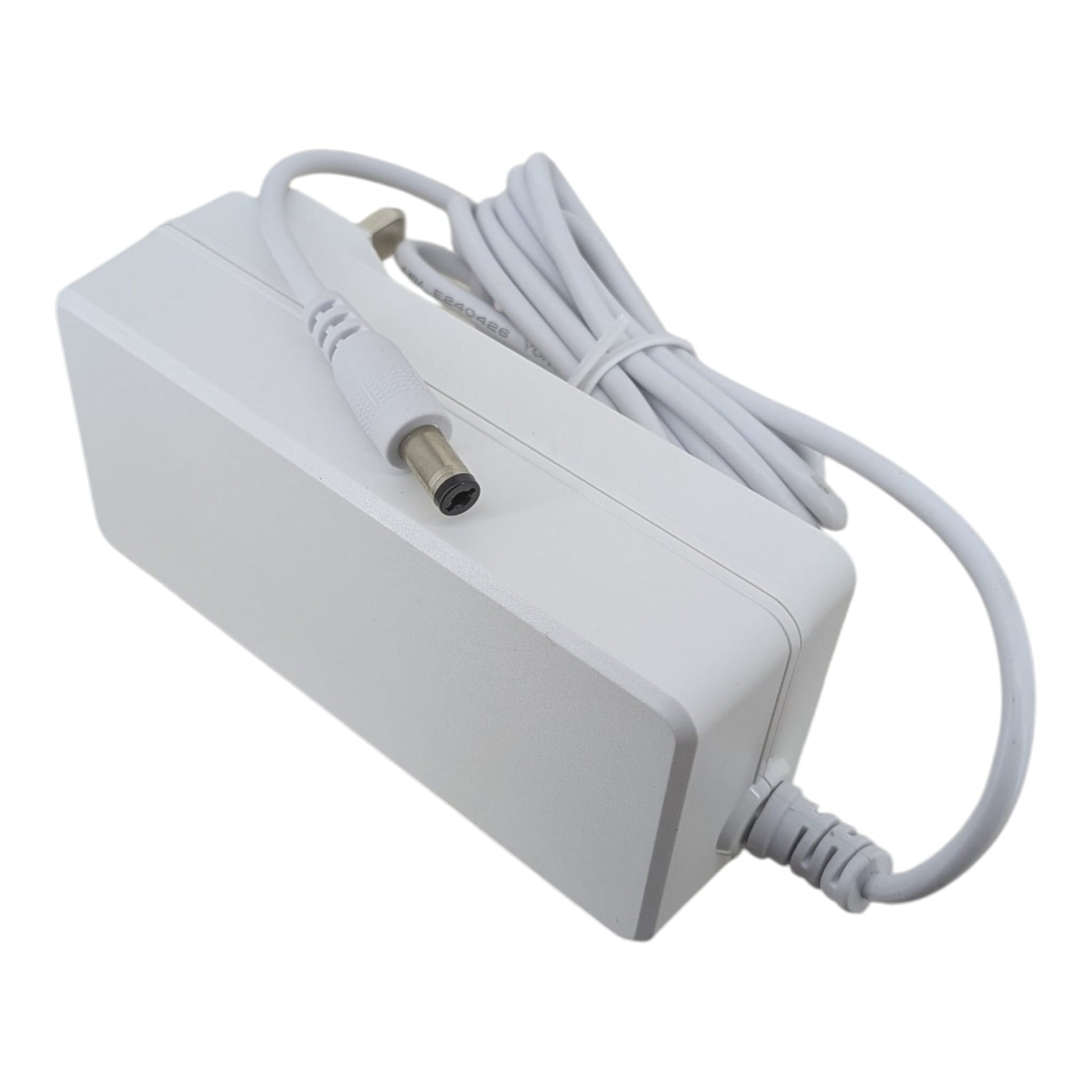 Close-up of the white 72w power adapter, highlighting the center-positive connection used for 3D printers and LED strips.