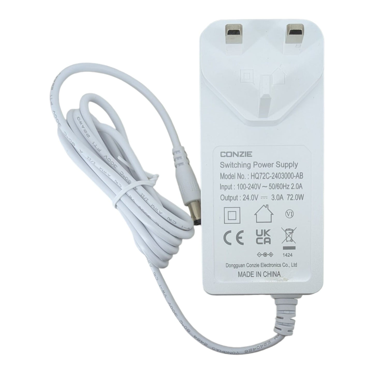 CONZIE 24V 3A 火牛電源適配器頂部視圖，展示標準英規三腳插頭及 5.5x2.1mm DC 供電接頭，適合香港家居使用。