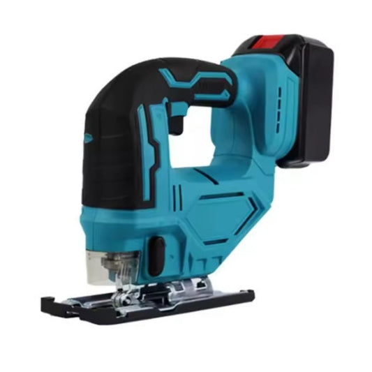 Side profile of the blue and black 21V cordless electric jigsaw.
