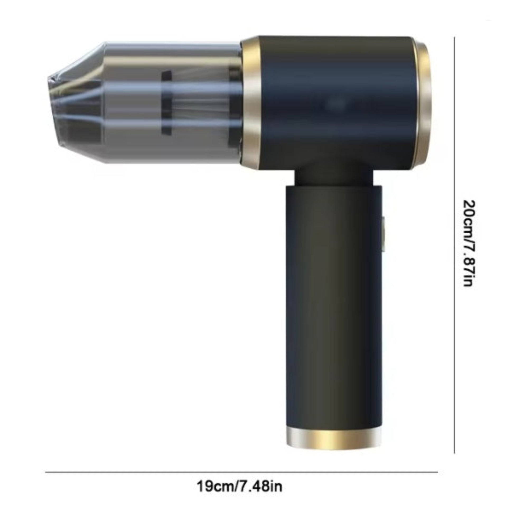 Diagram showing the dimensions of the cordless handheld vacuum, which measures 20cm (7.87in) in height and 19cm (7.48in) in width.