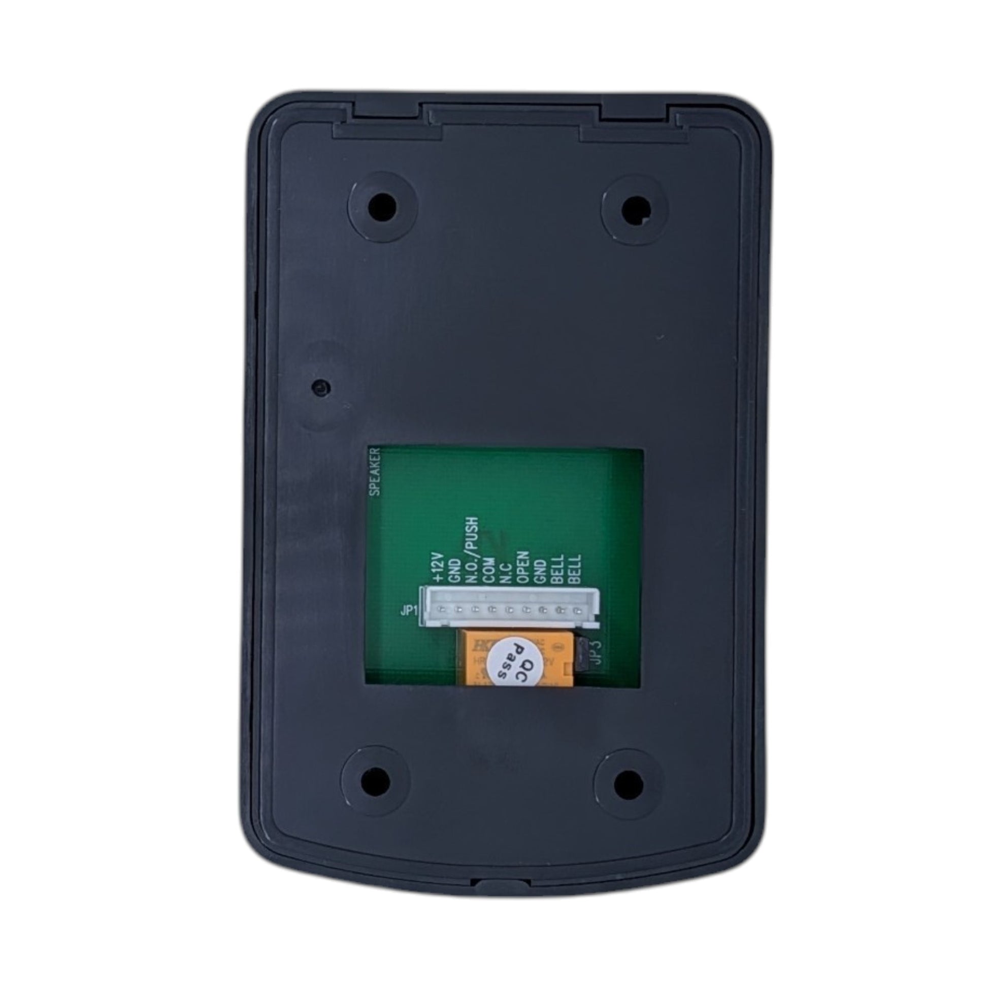 COUNS CU-K03 門禁機背部綠色電路板特寫，清晰顯示 12V 電源、GND、NO、NC 及 COM 等標準繼電器接線端子。