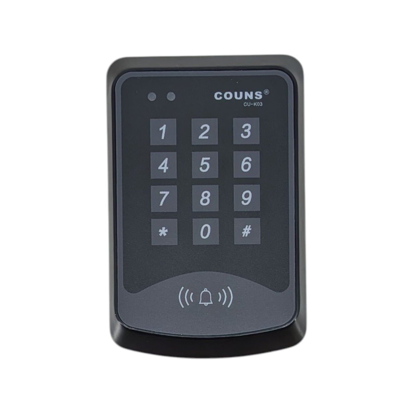 黑色 COUNS CU-K03 智能拍卡門禁機正面圖，顯示 0-9 數字密碼按鍵及下方 RFID 拍卡感應區，適合辦公室防盜。