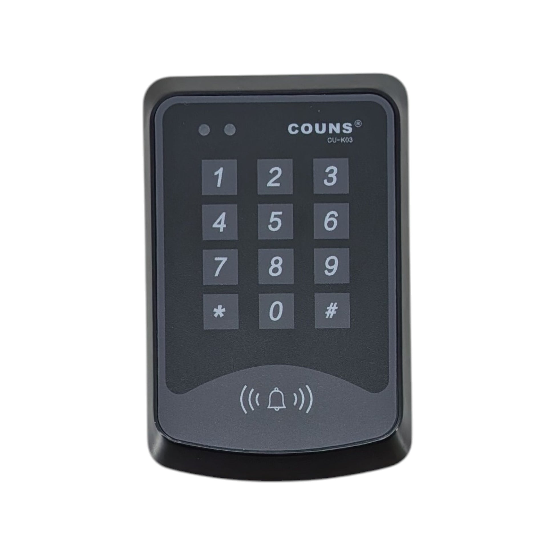 黑色 COUNS CU-K03 智能拍卡門禁機正面圖，顯示 0-9 數字密碼按鍵及下方 RFID 拍卡感應區，適合辦公室防盜。