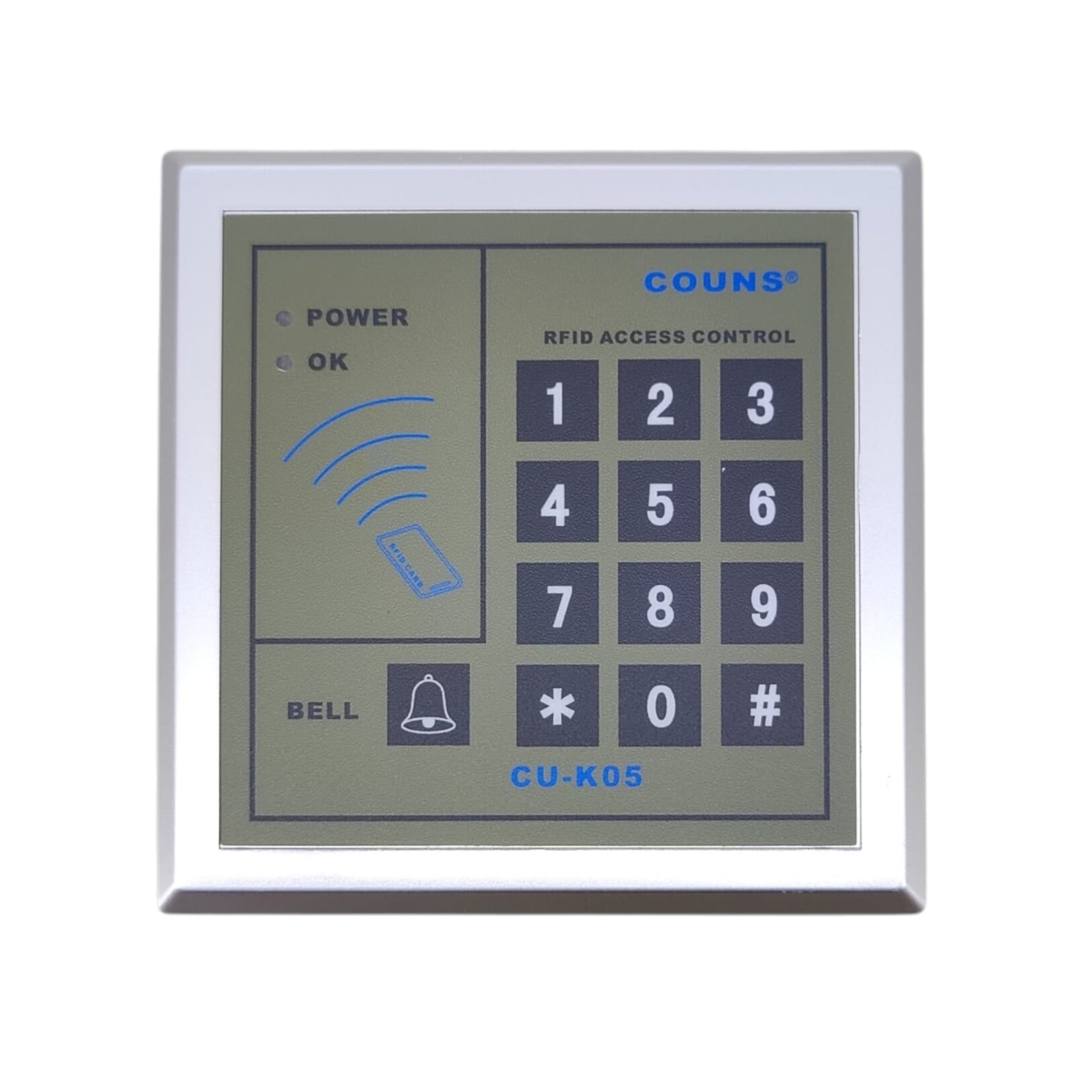 COUNS CU-K05 RFID access control keypad with silver frame and bell button.