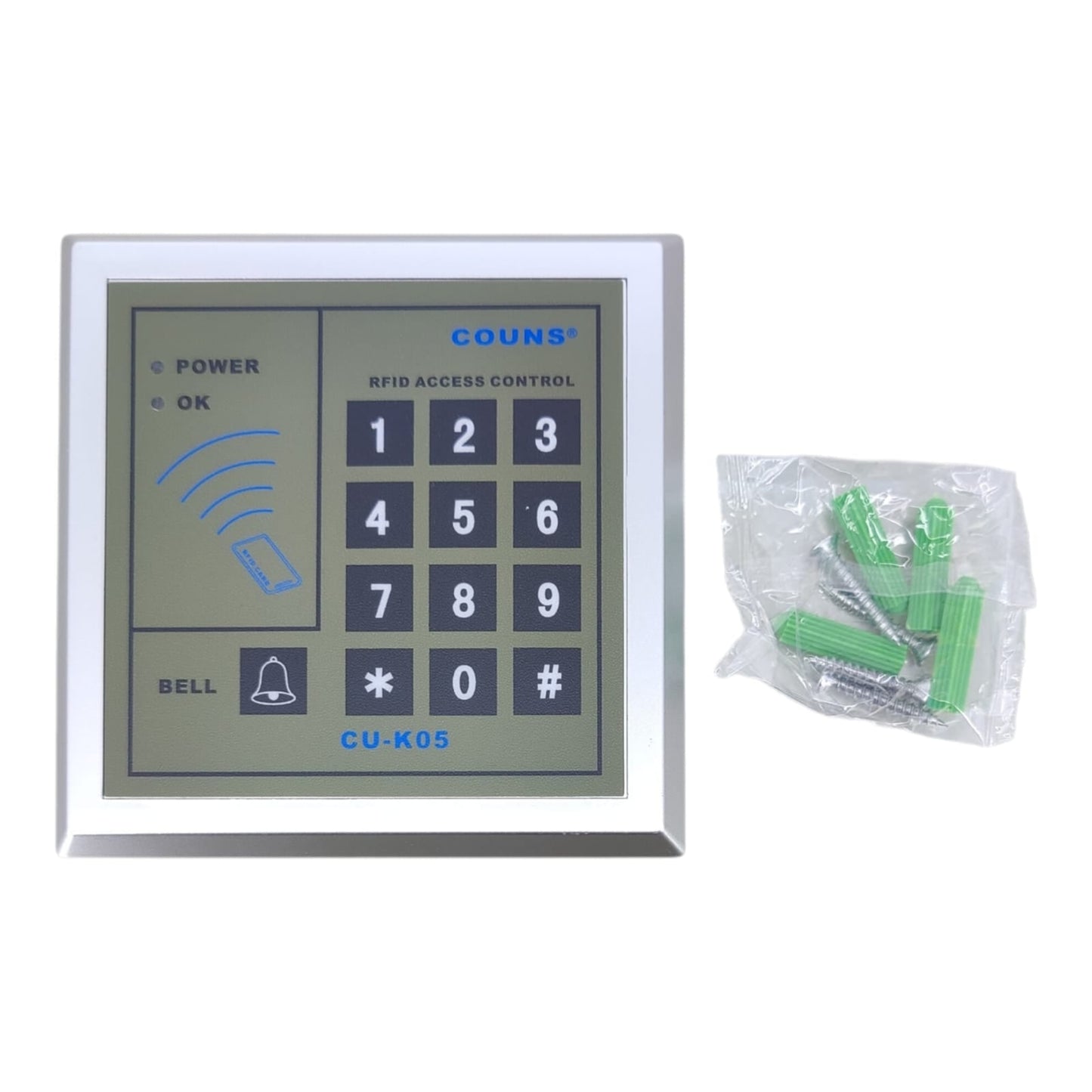 RFID access control keypad with screws on a white background
