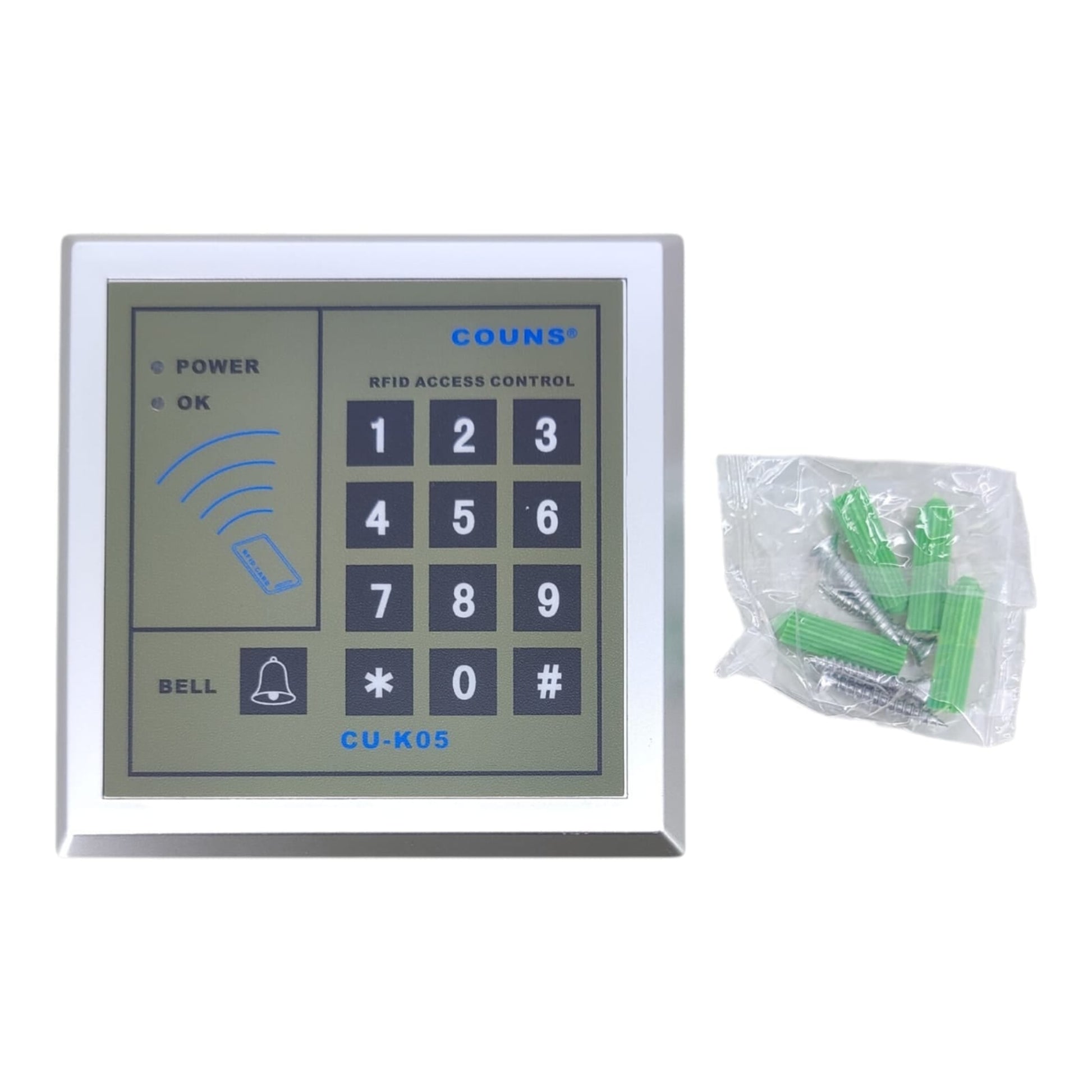 RFID access control keypad with screws on a white background