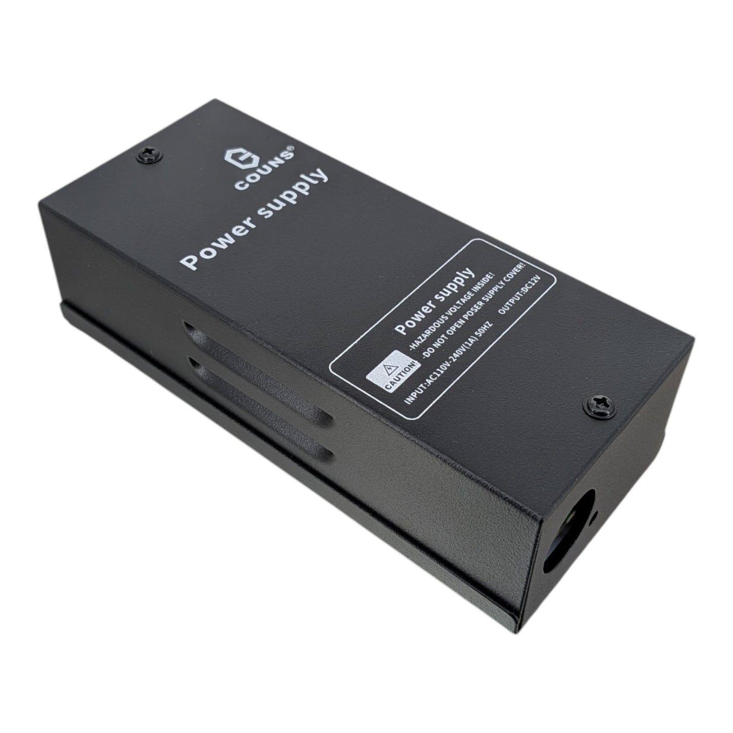 The COUNS CU-P10 access control power supply enclosed in a durable black metal casing, designed for secure wall mounting.