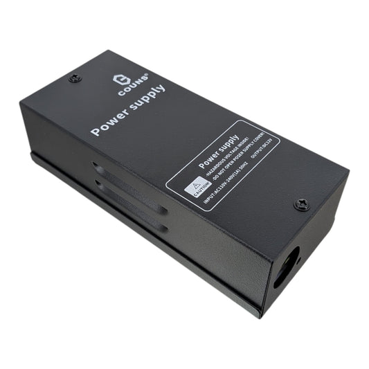 The COUNS CU-P10 access control power supply enclosed in a durable black metal casing, designed for secure wall mounting.