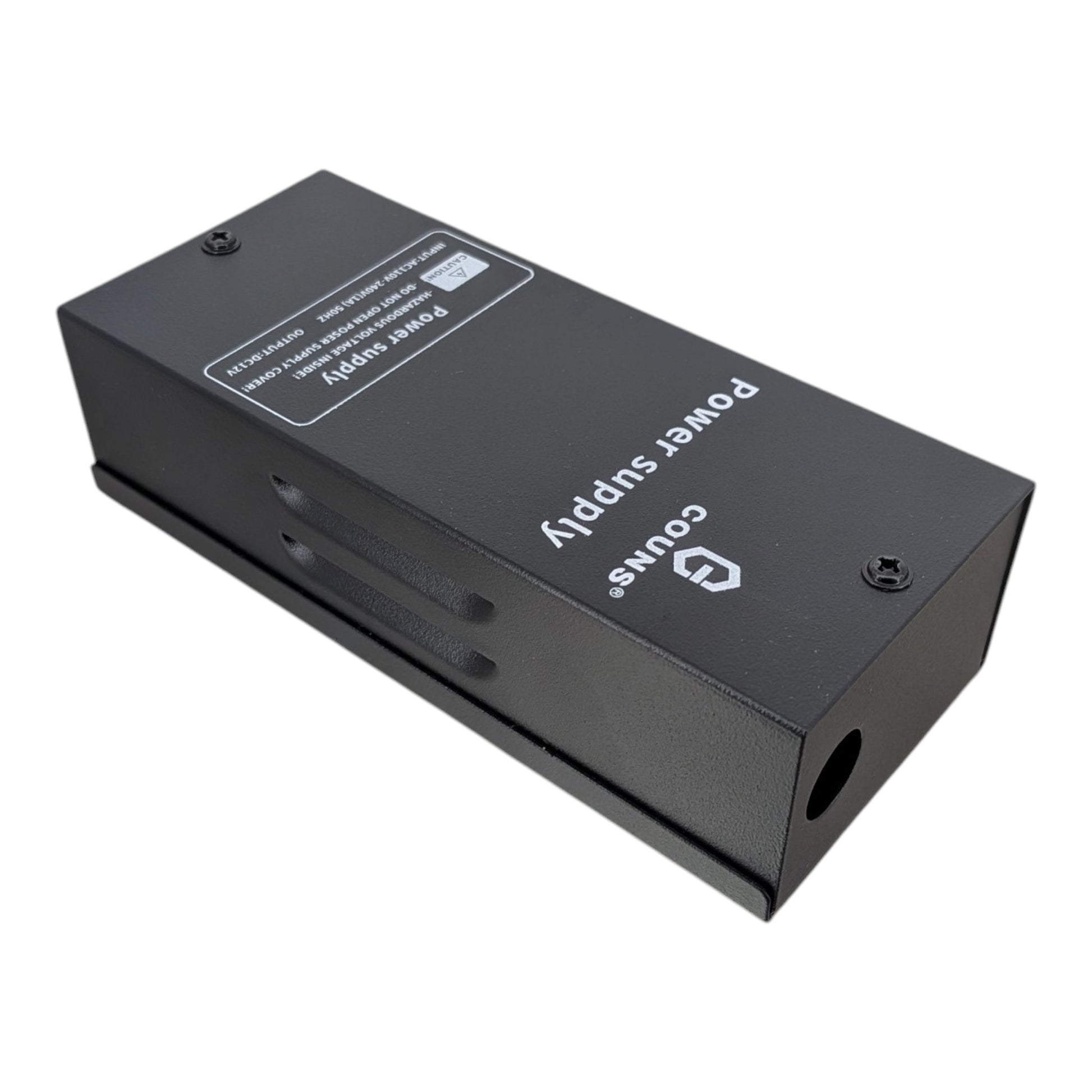 Angled view of the COUNS power supply showing the wiring access holes for connecting electric locks and access control panels.