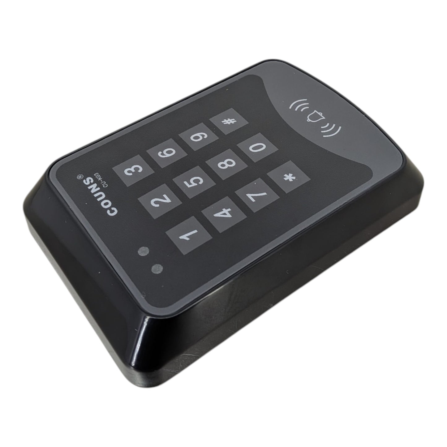 COUNS RFID 讀卡器密碼鍵盤左側視角，設計簡約，適合安裝於各類商業大廈牆身。